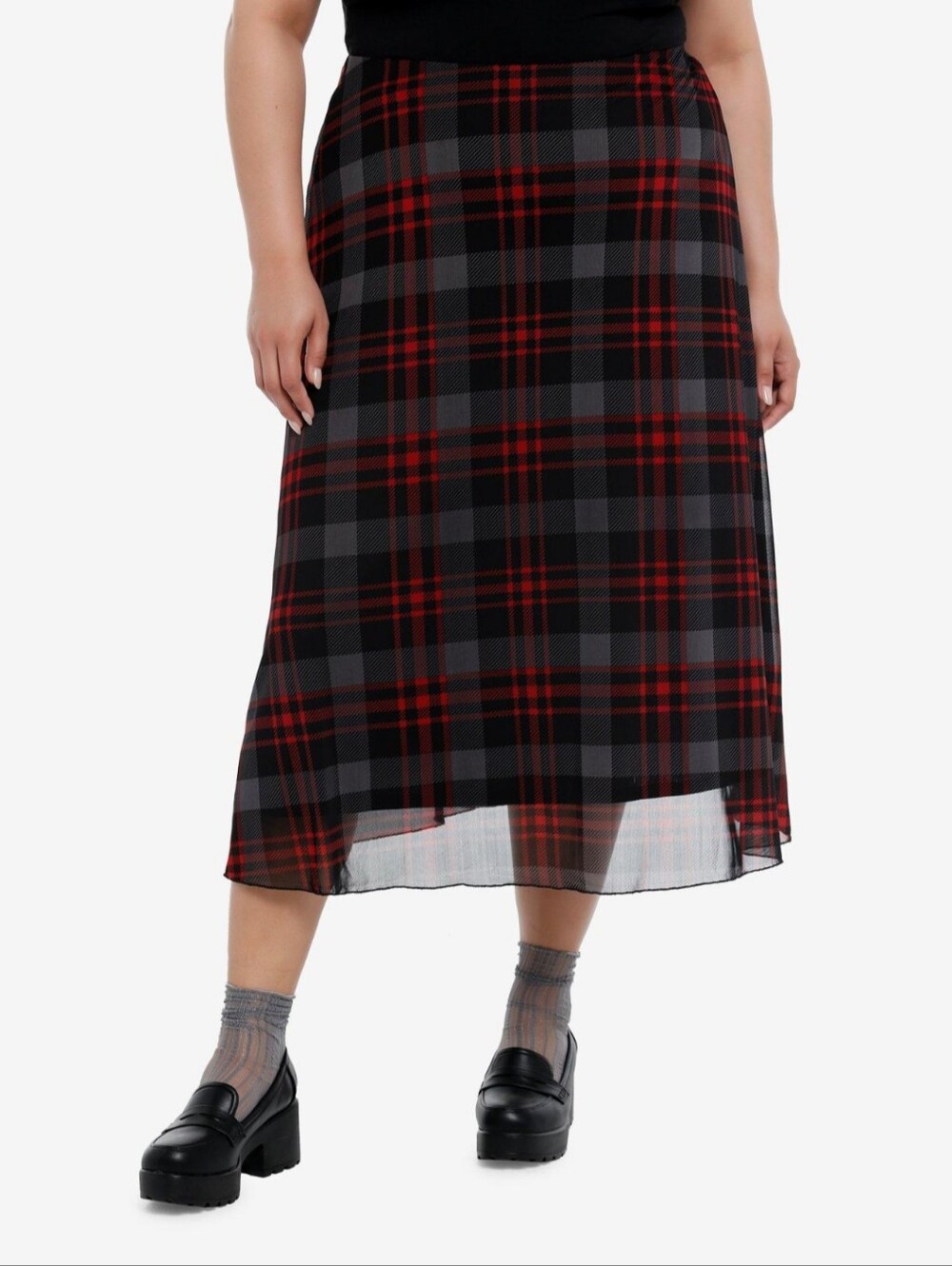 Women's Black and Red Plaid Midi Skirt